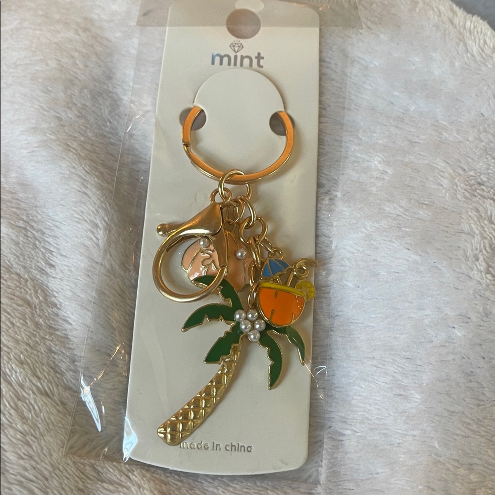 Mint Tropical palm tree Charm Keychain purse charm with Gold Accents nwt